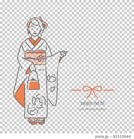振袖を着た若い女性　シンプルでお洒落な線画イラスト 92332644