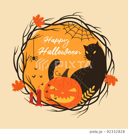 Bright Halloween greeting card with a round frame Bright Halloween greeting card with a round frame 92332828
