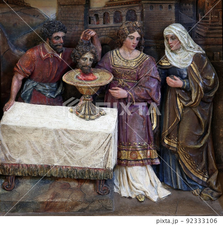Beheading of Saint John the Baptist, relief on the baptismal font in the church of Saint Matthew in Stitar, Croatia Beheading of Saint John the Baptist, relief on the baptismal font in the church of Saint Matthew in Stitar, Croatia 92333106