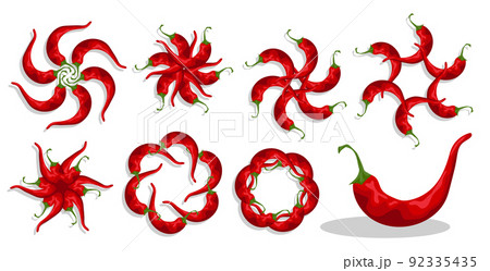 Hot red pepper to decorate Mexican dishes. Hot chili pepper in form of sun or flower on top of dish. Cartoon vector isolated on white background 92335435
