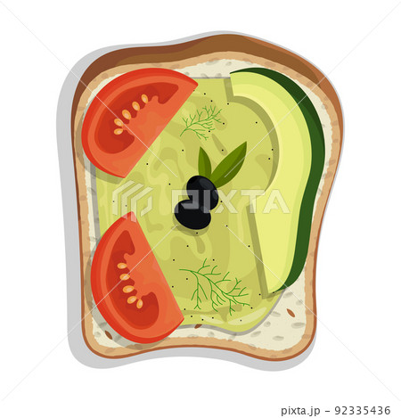 Sandwich with spicy Mexican sauce, avocado, tomatoes and olives. Light healthy breakfast. Cartoon vector isolated on white background 92335436