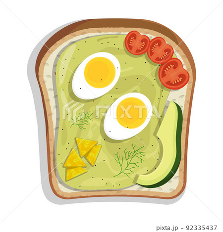 Sandwich with spicy Mexican sauce, boiled egg, avocado and tomatoes. Light healthy breakfast. Cartoon vector isolated on white background 92335437