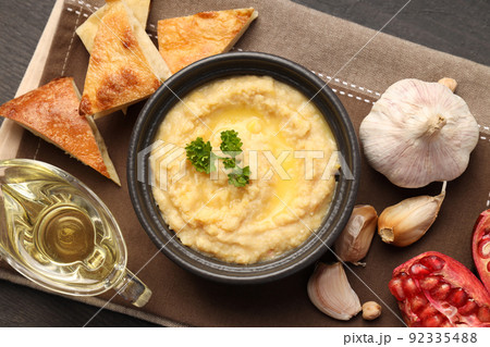 Concept of tasty food with hummus, top view 92335488
