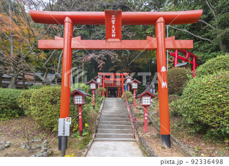 [九州・福津] 宮地嶽神社で奥之宮三寶大荒神に導く鳥居と階段に沿って並ぶ燈籠。 92336498