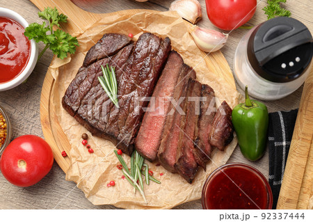 Concept of tasty food with beef steak, top view 92337444
