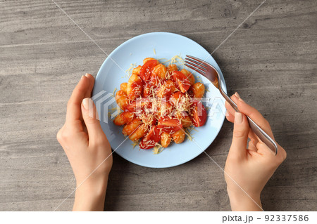 Concept of tasty food with potato gnocchi, top view 92337586