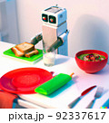 Robotic chef preparing meal frying pan, electronic stove oven. Creative design robot toy, automation smart home concept. illustration 92337617