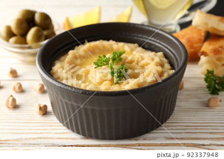 Concept of tasty food with hummus, close up 92337948