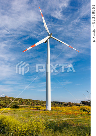 Wind power park near the city of Portoscuso on the island of Sardinia 92339961