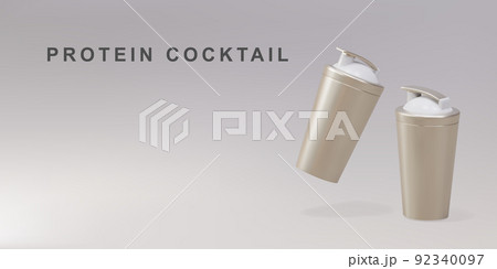 3d two Sports golds shakers isolated for grey background. Shaker for water and protein shakes. Vector illustration. 92340097