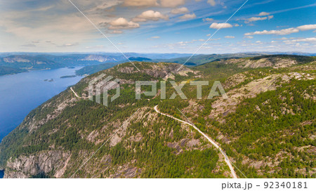 Norway aerial view from drone with road, mountain and fjord 92340181