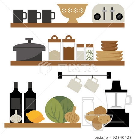 茶色のキッチンシェルフと料理イメージイラスト 92340428