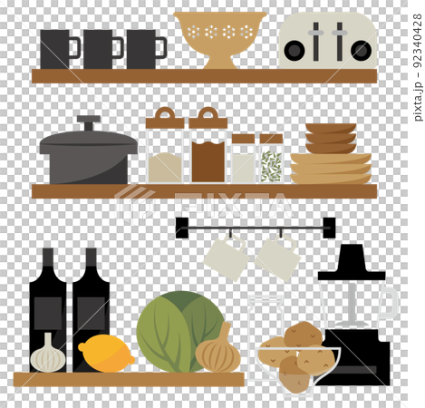 茶色のキッチンシェルフと料理イメージイラスト 92340428