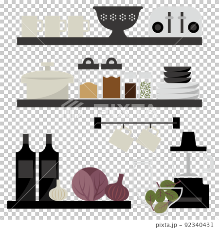 黒いキッチンシェルフと料理イメージイラスト 92340431