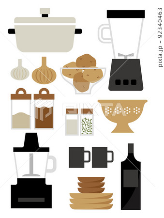 料理道具と食材とキッチン家電　茶色　縦 92340463