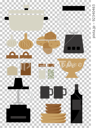 料理道具と食材とキッチン家電　茶色　縦 92340463