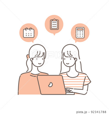 パソコンを操作している女性のイラスト 相談 予約 計画のイラスト素材