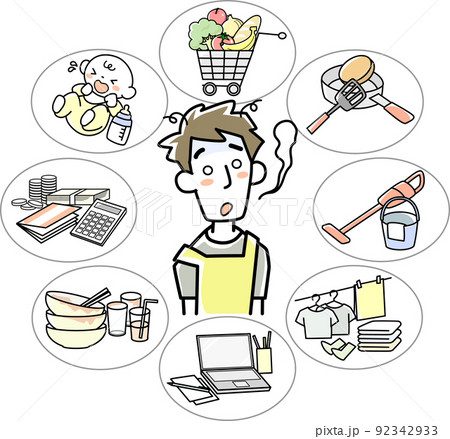 家事育児仕事の忙しさに疲れ切った若い男性 家事育児仕事の忙しさに疲れ切った若い男性 92342933