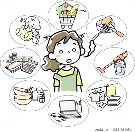 家事育児仕事の忙しさに疲れ切った若い女性 92342936