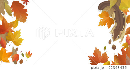秋の背景イラスト　落ち葉とリスのフレーム 92343436