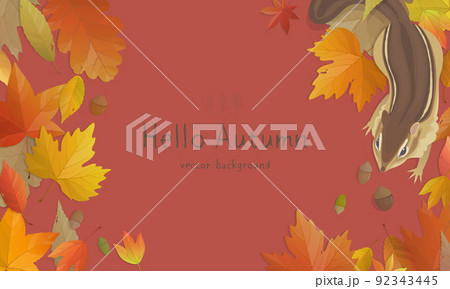 秋の背景イラスト　落ち葉とリスのフレーム 92343445