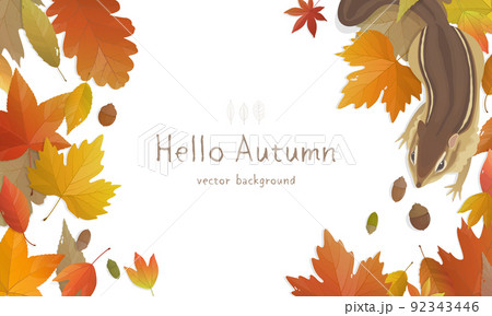 秋の背景イラスト　落ち葉とリスのフレーム 92343446