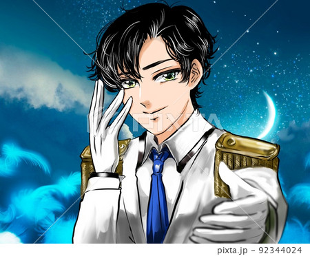 白い王子様風タキシードを着たイケメンアイドルが手を差し伸べる漫画風カラーイラストと美しい夜空背景 白い王子様風タキシードを着たイケメンアイドルが手を差し伸べる漫画風カラーイラストと美しい夜空背景 92344024