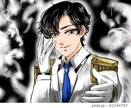 黒髪王子様風タキシードを着たイケメンアイドルが手を差し伸べる漫画風カラーイラストと白い羽が舞う背景のイラスト素材 黒髪王子様風タキシードを着たイケメンアイドルが手を差し伸べる漫画風カラーイラストと白い羽が舞う背景のイラスト素材