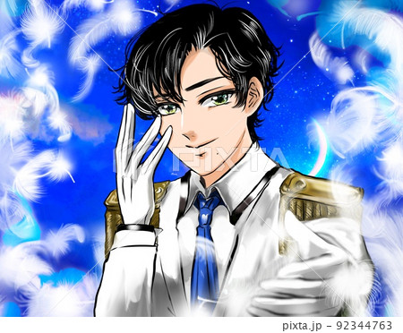 白い王子様風タキシードを着たイケメンアイドルが手を差し伸べる漫画風カラーイラストと美しい夜空背景のイラスト素材