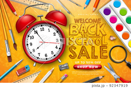 Back to School Sale Design with Alarm Clock, Colorful Pencil, Brush, Scissors and Typography Letter on Yellow Background. Vector Illustration for Special Offer, Coupon, Voucher, Banner, Flyer, Poster 92347919
