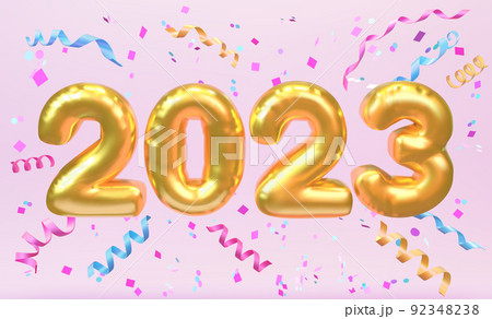 Happy new year 2023. Realistic golden foil balloons 3D. 92348238