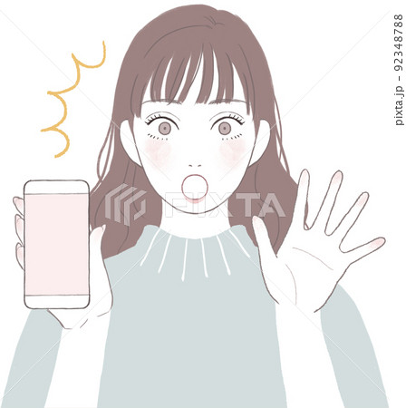 驚くスマートフォンを持つ女性 手を開いたポーズver 驚くスマートフォンを持つ女性 手を開いたポーズver 92348788