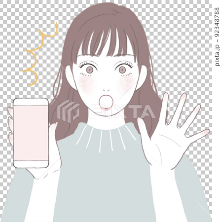 驚くスマートフォンを持つ女性 手を開いたポーズver 驚くスマートフォンを持つ女性 手を開いたポーズver 92348788