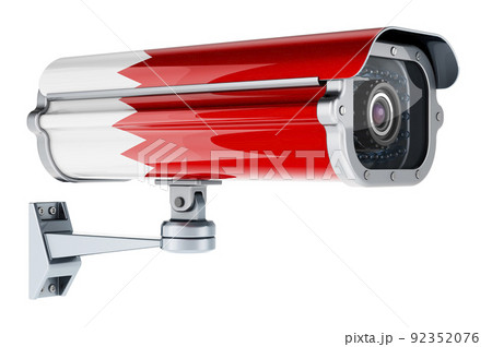 Surveillance camera with Bahraini flag. 3D rendering Surveillance camera with Bahraini flag. 3D rendering 92352076
