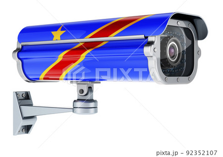 Surveillance camera with Congolese Democratic Republic flag. 3D rendering Surveillance camera with Congolese Democratic Republic flag. 3D rendering 92352107