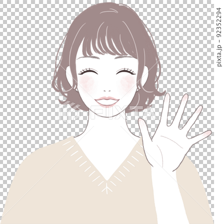 笑顔の可愛いショートカット(パーマ)の女性 手を振るポーズver 笑顔の可愛いショートカット(パーマ)の女性 手を振るポーズver 92352294