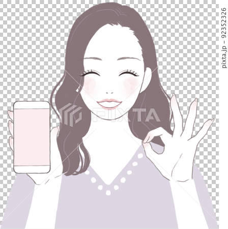 笑顔でスマートフォンを持つ女性 OKポーズver 92352326