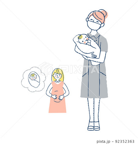 赤ちゃんを抱く産婦人科の看護師と妊婦さん 赤ちゃんを抱く産婦人科の看護師と妊婦さん 92352363