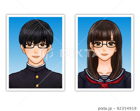 女子高生と男子高校生の証明写真のイラスト素材3 92354919