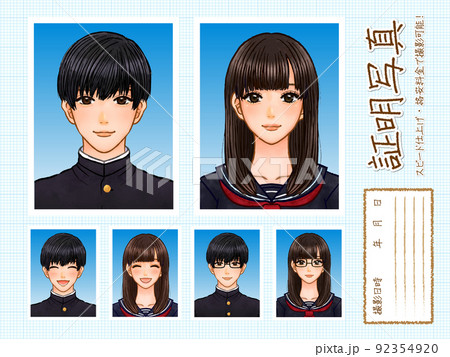 証明写真を撮影した女子高生と男子高校生のイラスト素材 92354920