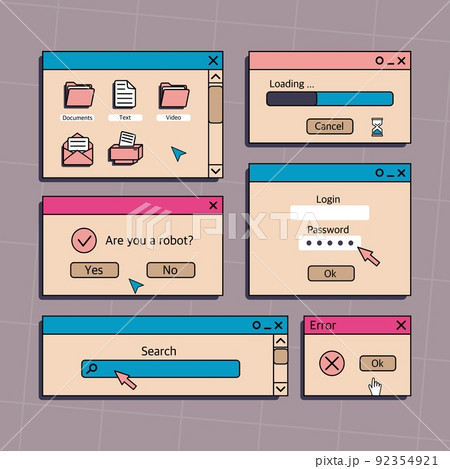 A set of user interface elements, UI and UX themes. In the vaporwave style of the 80-90s, retro collage. Vector illustration of windows and icons . 92354921