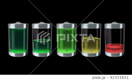 3d render Ecological battery charge with green liquid charging level indicators on a black background 3d render Ecological battery charge with green liquid charging level indicators on a black background 92355631