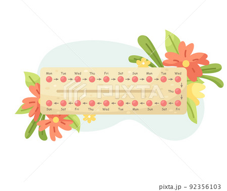 Vector illustration of a package with birth control pills. Menstrual cycle. Hormonal medication. 92356103