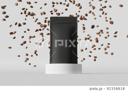 Black pouch bag mockup falling coffee beans matte podium white background 3D render. Merchandise advertising packaging. 92356618