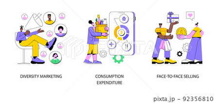 Buy and sell product abstract concept vector illustration set. Diversity marketing, consumption expenditure, face-to-face selling, consumer engagement, compulsive purchase abstract metaphor. 92356810
