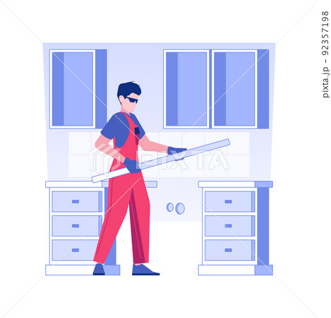 Countertop installation isolated concept vector illustration. Professional repairman assembling kitchen countertop, residential construction process, rough interior works vector concept. 92357198