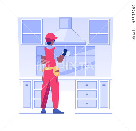 Backsplash installation isolated concept vector illustration. Worker in uniform installing a backsplash on the kitchen, rough interior works, private house construction vector concept. 92357200