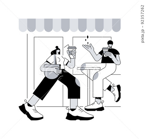 Street coffee abstract concept vector illustration. Coffee to go service, street hot drinks, cafe shop, city lifestyle, takeaway beverage, disposable paper cup, cappuccino abstract metaphor. 92357262