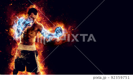 Boxing and fitness concept. Boxer man fighting or posing in gloves on black background with fire. Individual sports recreation. Energy and power 92359751