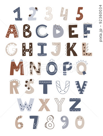 Kids style cute font design, playful childish alphabet, letters, and numbers vector illustration.  92360034